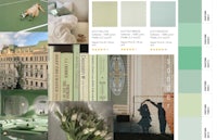 a green color palette with a picture of a house and flowers