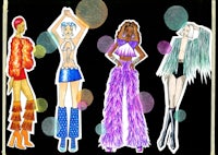 a drawing of a group of women in colorful outfits